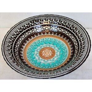 Artistic Accents Turkish Glass Serving Bowl Mandala Teal Terracotta Brown Silver